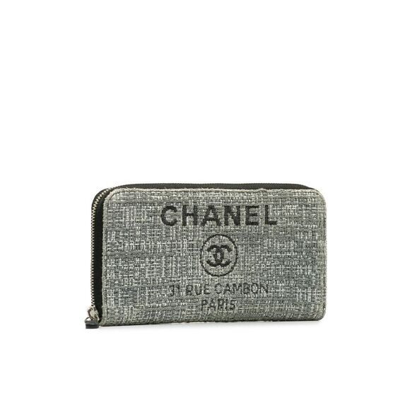 Pre Loved Chanel Tweed Zip Around Wallet Women Gray Long Wallets - Picture 2 of 8